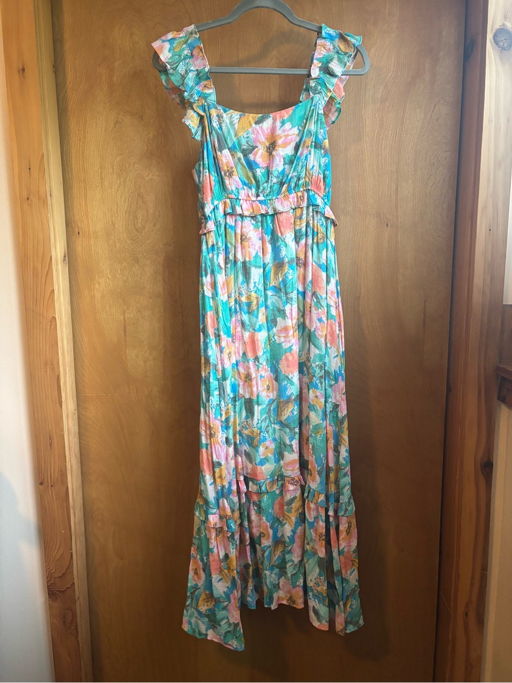 Floral Ruffle Strap Maxi Dress in Teal
